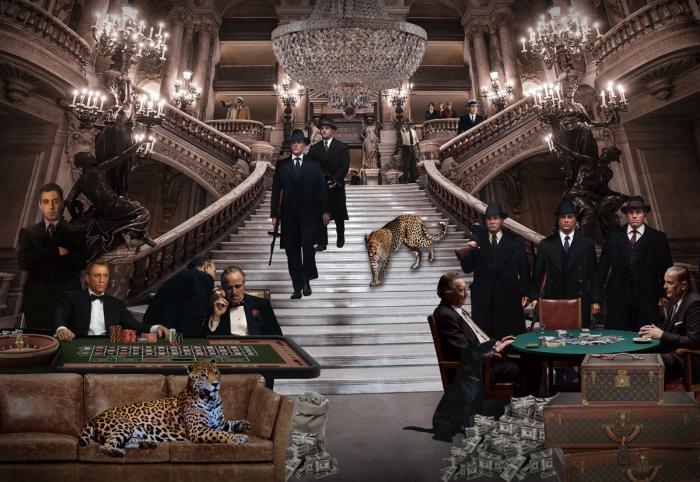 120 x 80 cm Glasschilderij Klassiek casino, mannen en jaguars schilderij fotokunst foto print op glas