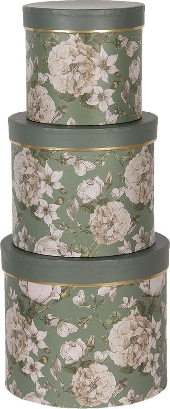 Hoedendoos Set van 3 Ø 20x17 - Ø 17x15 - Ø 14x13 cm Groen Karton Bloemen Opbergdoos