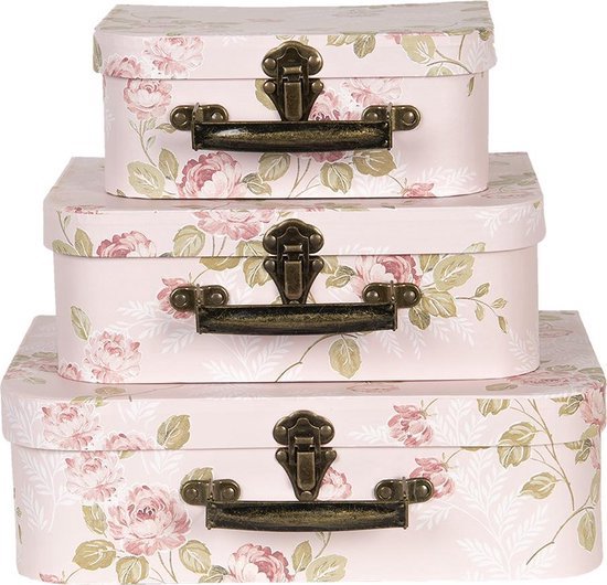 Decoratie koffer Set van 3 30x21x9 cm Roze Karton - Rechthoek Bloemen Opbergkoffer Koffer