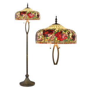 tiffany lamp - Lumilamp - vloerlamp Ø 48x165 cm  Beige Rood Glas Kunststof Rond Bloemen Staande Lamp Glas in Lood Tiffany Lamp