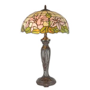 Tiffany tafellamp - Glas in lood - Roze bloemen - licht - 68 cm H