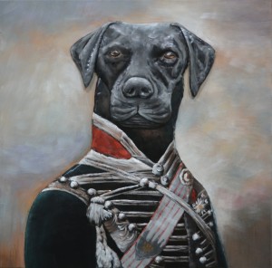 3D art metaalschilderij hond met soldatenoutfit huisdier portret 80x80 cm metalart