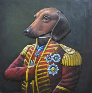 3D art metaalschilderij hond met soldatenoutfit huisdier portret 80x80 cm metalart