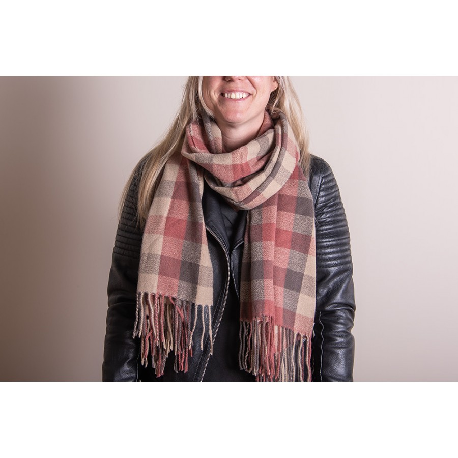 Wintersjaal Dames 68x180 cm Rood Beige Ruit Sjaal - Image 2