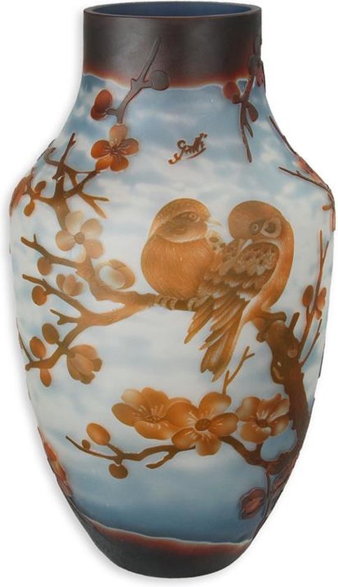 Glazen vaas - Vogels in de boom - Cameo Glas - 39,5 cm hoog